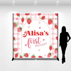 Lofaris Pink Grid Strawberry Girl Custom Birthday Backdrop