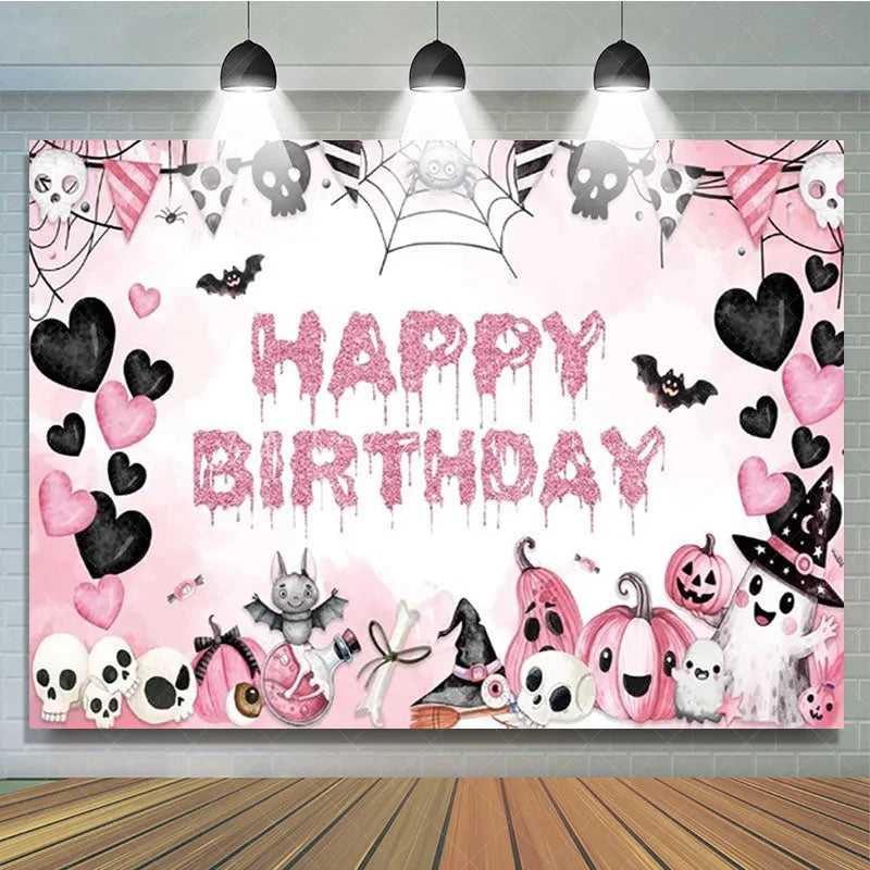 Lofaris Pink Halloween Happy Birthday Backdrop for Girls Spooky Cute Ghost Skulls and Pumpkins Girly Gothic Party Decor
