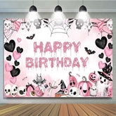 Lofaris Pink Halloween Happy Birthday Backdrop for Girls Spooky Cute Ghost Skulls and Pumpkins Girly Gothic Party Decor