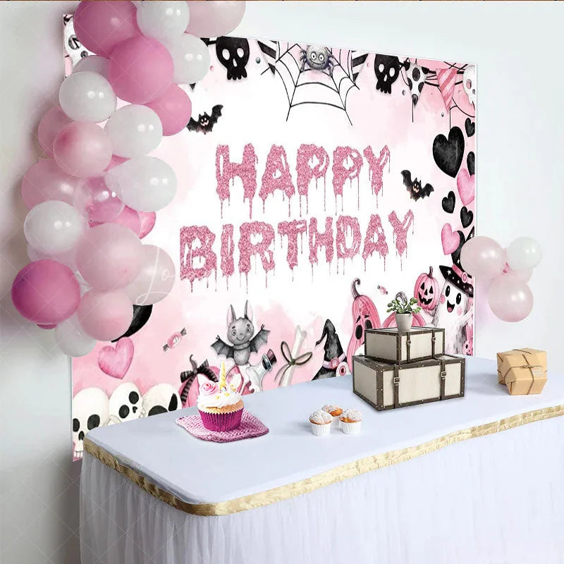 Lofaris Pink Halloween Happy Birthday Backdrop for Girls Spooky Cute Ghost Skulls and Pumpkins Girly Gothic Party Decor