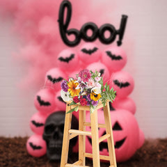 Lofaris Pink Halloween Photography Backdrop Boo Balloons with Pumpkins Girly Gothic Spooky Party Photo Booth