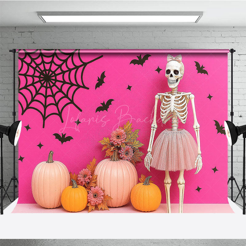 Lofaris Pink Halloween Photography Backdrop with Skeleton in a Tutu Pumpkins Girly Gothic Spooky Party Decor