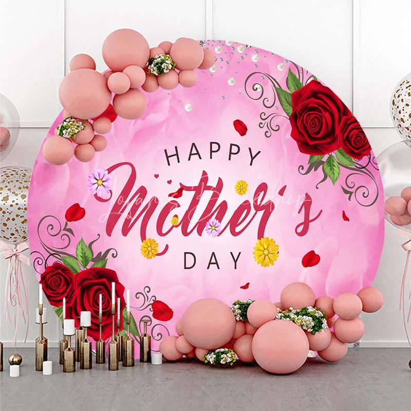 Lofaris Pink Happy Mother’s Day Round Backdrop with Red Roses Pearls and Glitter Elegant Floral Decor
