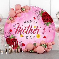 Lofaris Pink Happy Mother’s Day Round Backdrop with Red Roses Pearls and Glitter Elegant Floral Decor