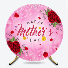 Lofaris Pink Happy Mother’s Day Round Backdrop with Red Roses Pearls and Glitter Elegant Floral Decor