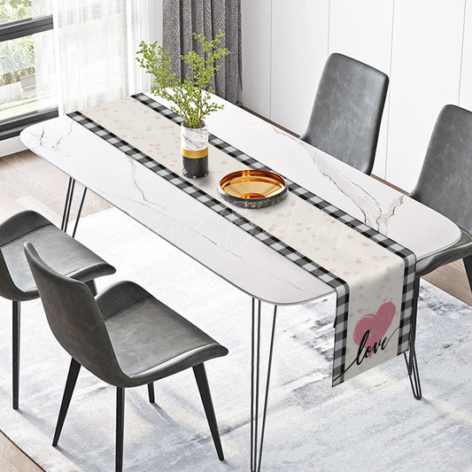 Lofaris Pink Heart Black Plaid Valentines Day Table Runner