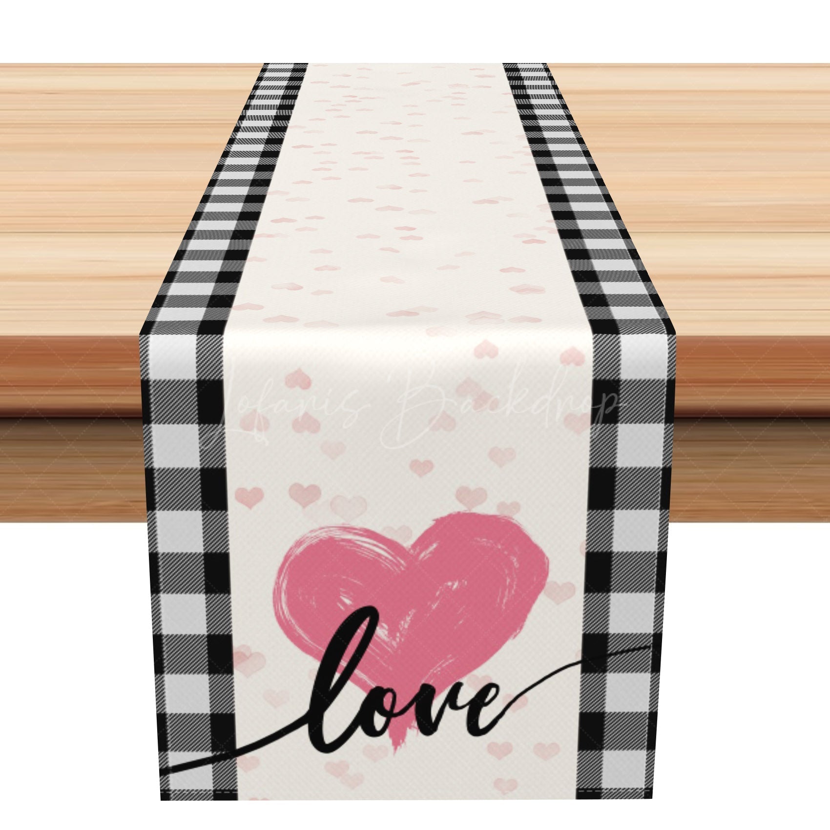 Lofaris Pink Heart Black Plaid Valentines Day Table Runner
