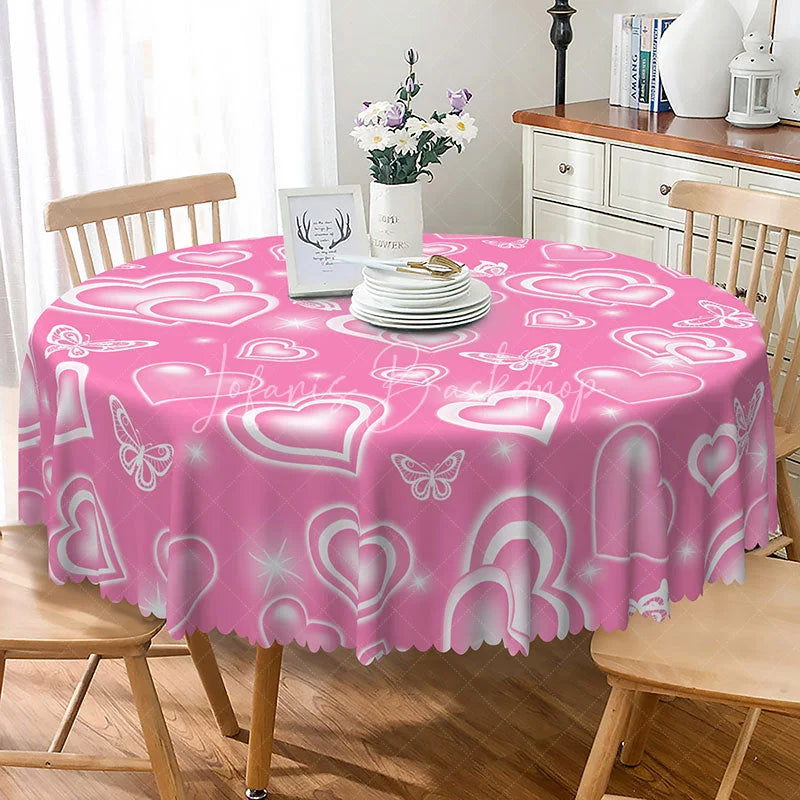 Lofaris Pink Heart Butterfly Round Tablecloth Romantic White Love Pattern Table Cover Valentine Day Party Decor