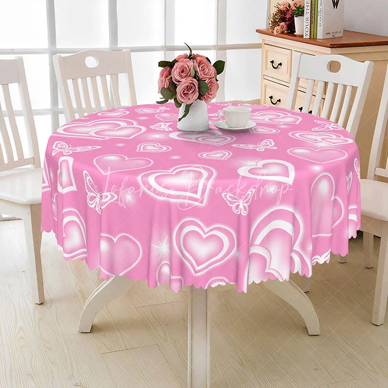 Lofaris Pink Heart Butterfly Round Tablecloth Romantic White Love Pattern Table Cover Valentine Day Party Decor