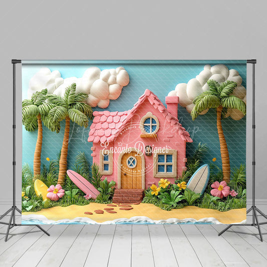 Lofaris Pink House Coconut Tree Summer Photo Backdrop