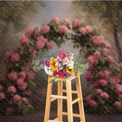 Lofaris Pink Hydrangea Arch Photography Backdrop in a Forest Painterly Floral Romantic Wedding Photo Background