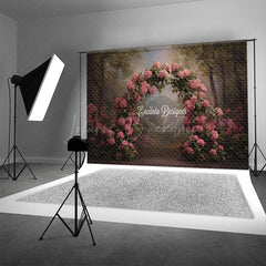 Lofaris Pink Hydrangea Arch Photography Backdrop in a Forest Painterly Floral Romantic Wedding Photo Background