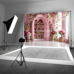 Lofaris Pink Library Photography Backdrop with Bookshelves and Flowers Arched Doorway Princess Wedding Photo Background