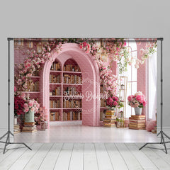 Lofaris Pink Library Photography Backdrop with Bookshelves and Flowers Arched Doorway Princess Wedding Photo Background