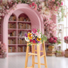 Lofaris Pink Library Photography Backdrop with Bookshelves and Flowers Arched Doorway Princess Wedding Photo Background