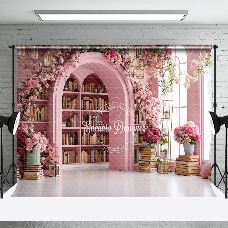 Lofaris Pink Library Photography Backdrop with Bookshelves and Flowers Arched Doorway Princess Wedding Photo Background