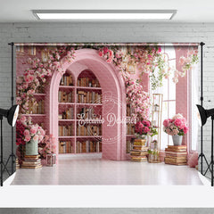 Lofaris Pink Library Photography Backdrop with Bookshelves and Flowers Arched Doorway Princess Wedding Photo Background