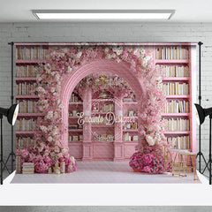 Lofaris Pink Library Photography Backdrop with Floral Arch Bookshelf and Cherry Blossoms Fairytale Wedding Background