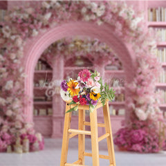 Lofaris Pink Library Photography Backdrop with Floral Arch Bookshelf and Cherry Blossoms Fairytale Wedding Background
