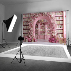 Lofaris Pink Library Photography Backdrop with Floral Arch Bookshelf and Cherry Blossoms Fairytale Wedding Background