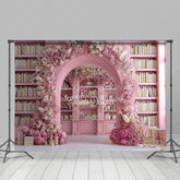 Lofaris Pink Library Photography Backdrop with Floral Arch Bookshelf and Cherry Blossoms Fairytale Wedding Background