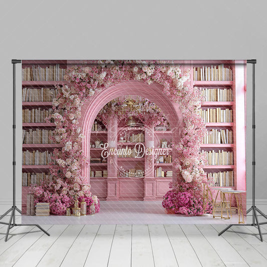 Lofaris Pink Library Photography Backdrop with Floral Arch Bookshelf and Cherry Blossoms Fairytale Wedding Background