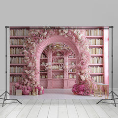 Lofaris Pink Library Photography Backdrop with Floral Arch Bookshelf and Cherry Blossoms Fairytale Wedding Background