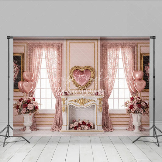 Lofaris Pink Luxury Interior Valentine Day Backdrop Heart Mirror Fireplace Floral Window Background Wedding Photography Studio