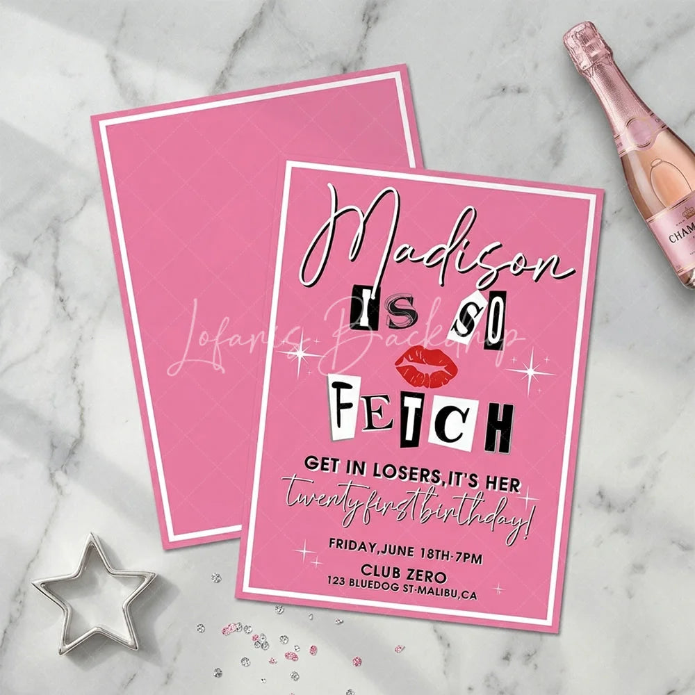 Lofaris Pink Magazine Cut-Out Letters Custom Invitation with Red Lips and Sparkles for a Twenty-First Birthday Party
