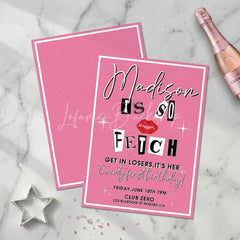 Lofaris Pink Magazine Cut-Out Letters Custom Invitation with Red Lips and Sparkles for a Twenty-First Birthday Party