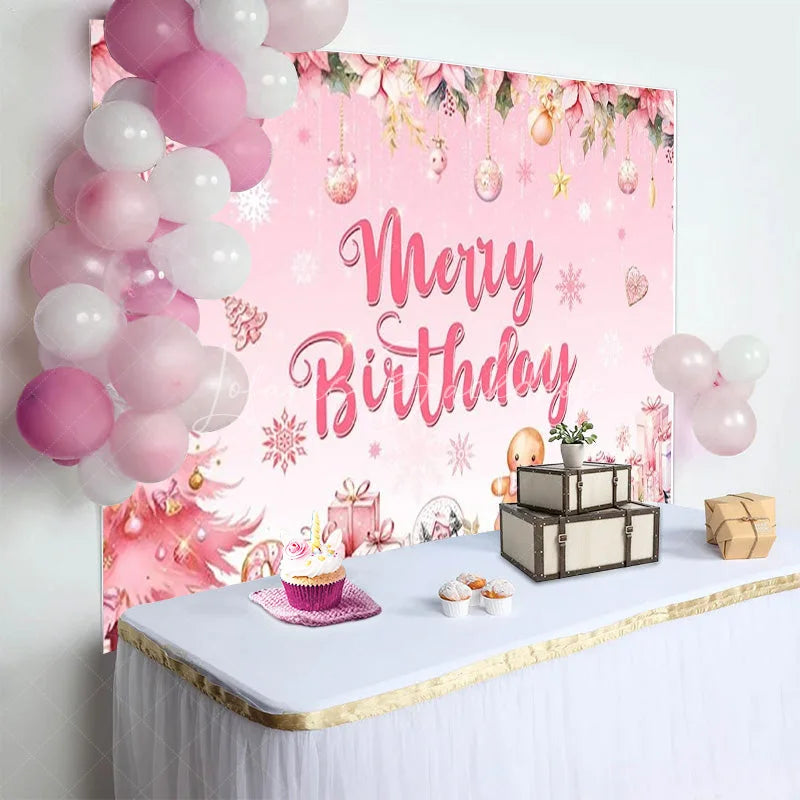 Lofaris Pink Merry Birthday Backdrop Christmas Tree Gingerbread Man Background for Girl Winter Xmas Party Decoration