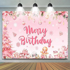 Lofaris Pink Merry Birthday Backdrop Christmas Tree Gingerbread Man Background for Girl Winter Xmas Party Decoration