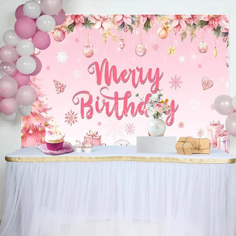 Lofaris Pink Merry Birthday Backdrop Christmas Tree Gingerbread Man Background for Girl Winter Xmas Party Decoration