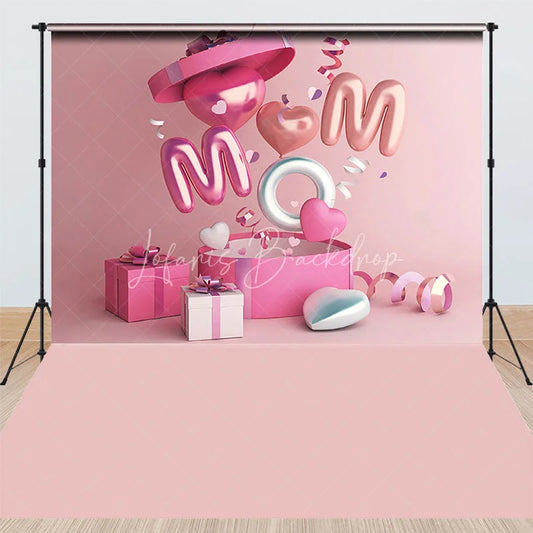 Lofaris Pink MOM Balloon Letters Hearts Combo Set Backdrop Gift Boxes Mother’s Day Banner for Celebration Party