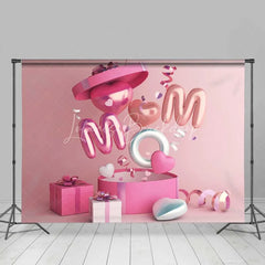 Lofaris Pink MOM Balloon Letters Hearts Combo Set Backdrop Gift Boxes Mother’s Day Banner for Celebration Party