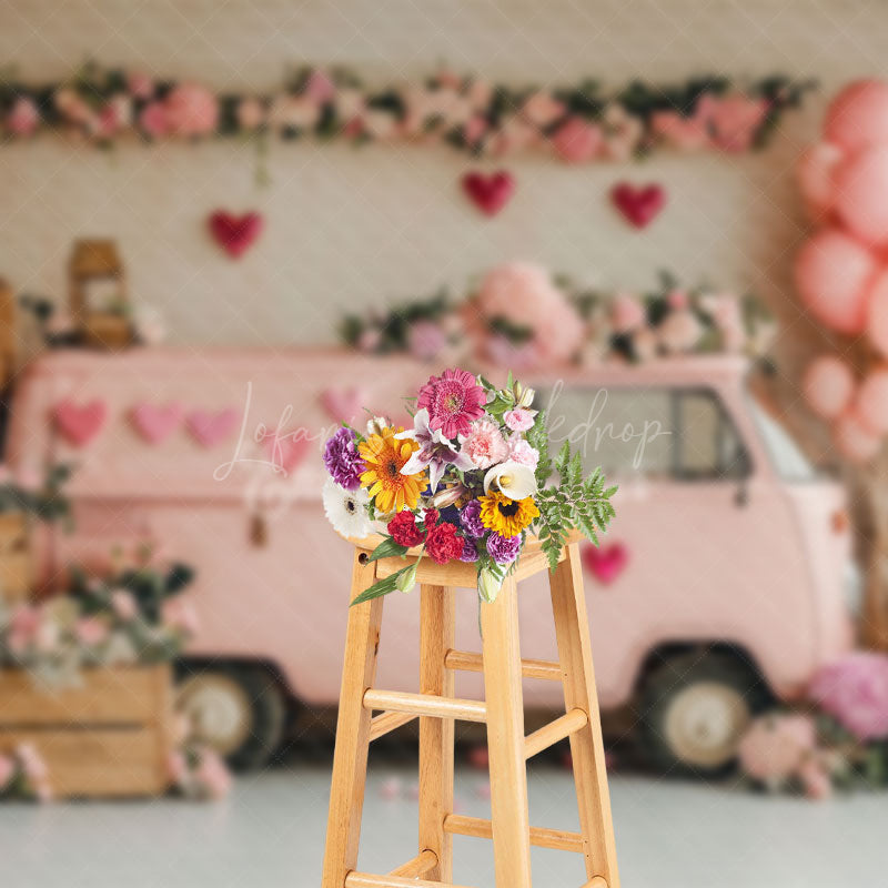 Lofaris Pink Motorhome Romantic Floral Valentines Day Backdrop