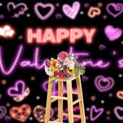 Lofaris Pink Neon Hearts Black Happy Valentines Day Backdrop