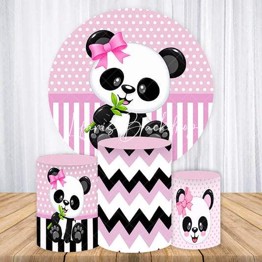 Lofaris Pink Panda Baby Girl Birthday Round Backdrop Kit Polka Dot Chevron Party Decor