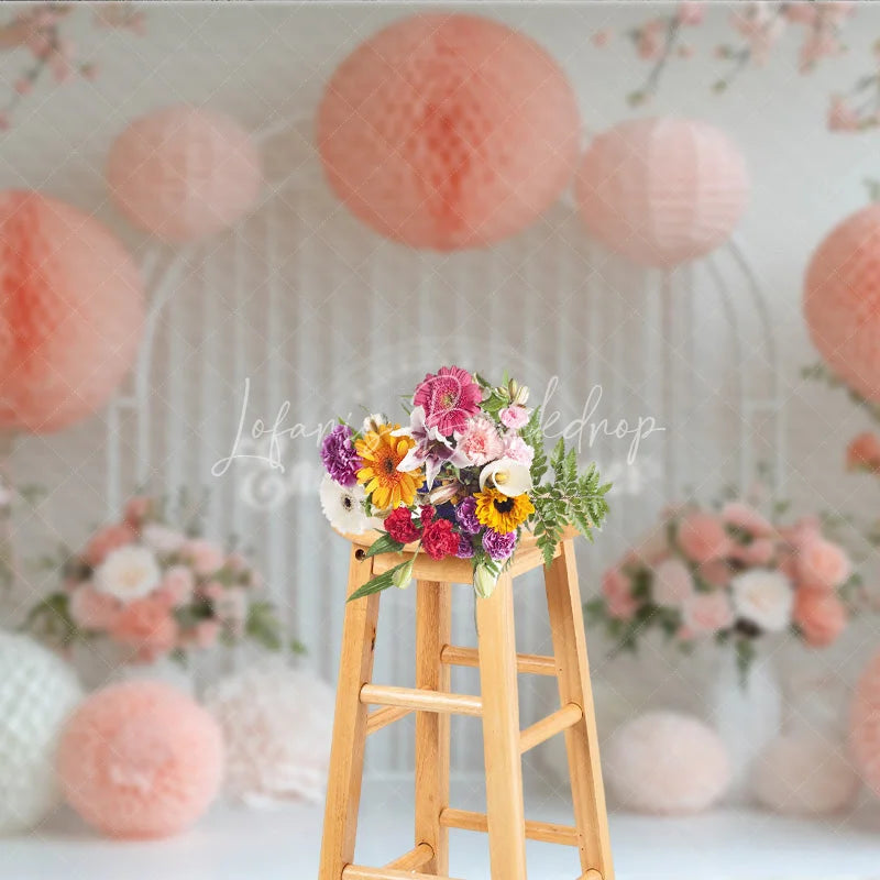 Lofaris Pink Paper Fan and Flower Wall Photography Backdrop for Wedding Bridal Shower or Birthday Party Photo Booth