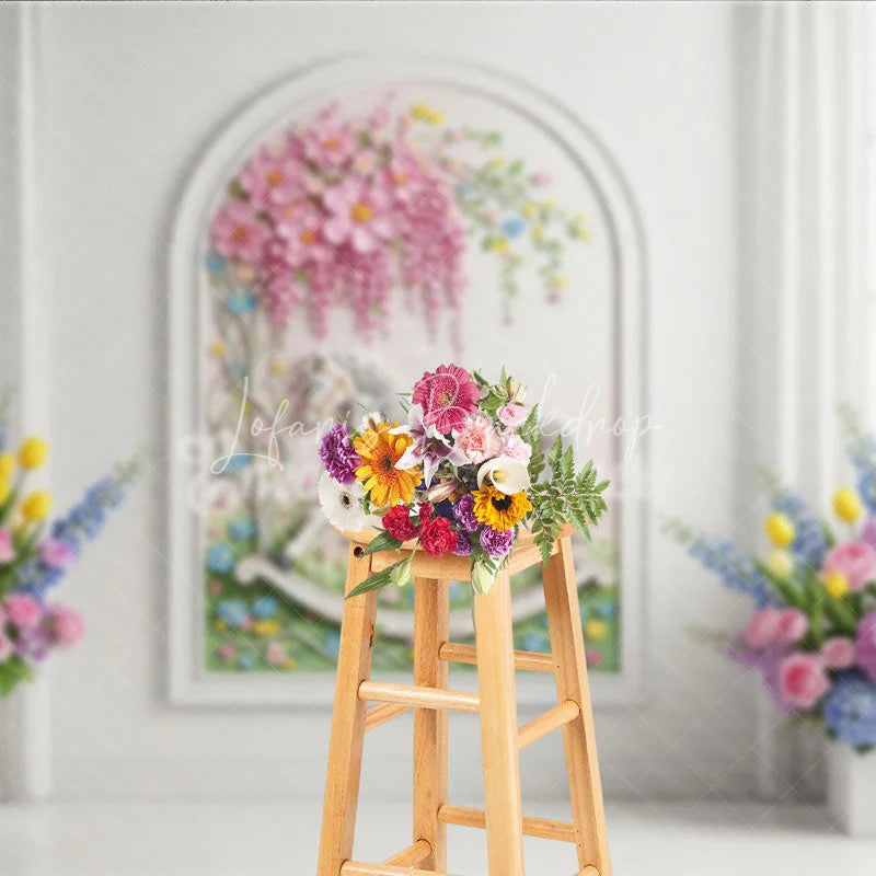 Lofaris Pink Pastel Floral Arch White Wall Photography Backdrop Whimsical Garden Wedding Party Decor
