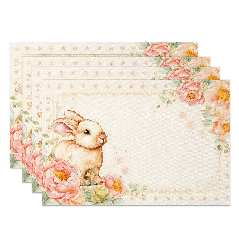 Lofaris Pink Peony Easter Bunny Set of 4 Placemats Star Pattern Rabbit Spring Table Mats for Party