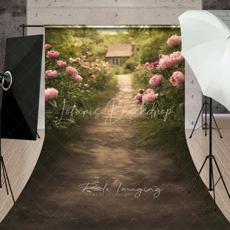 Lofaris Pink Peony Garden Path Backdrop Romantic Cottage and Flower Meadow Scene Summer Landscape Background