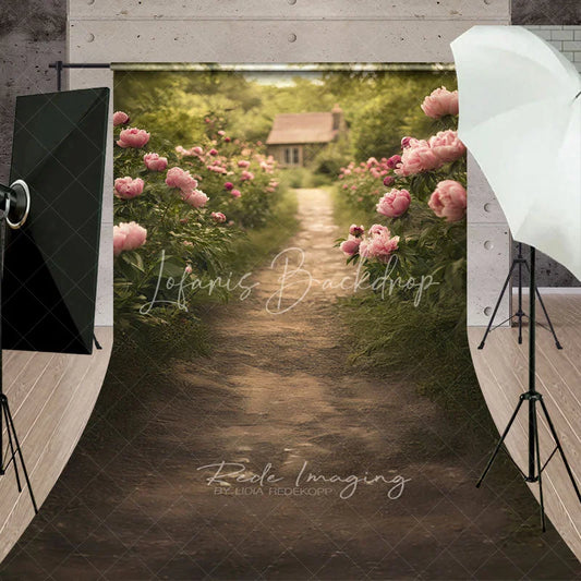 Lofaris Pink Peony Garden Path Backdrop Romantic Cottage and Flower Meadow Scene Summer Landscape Background