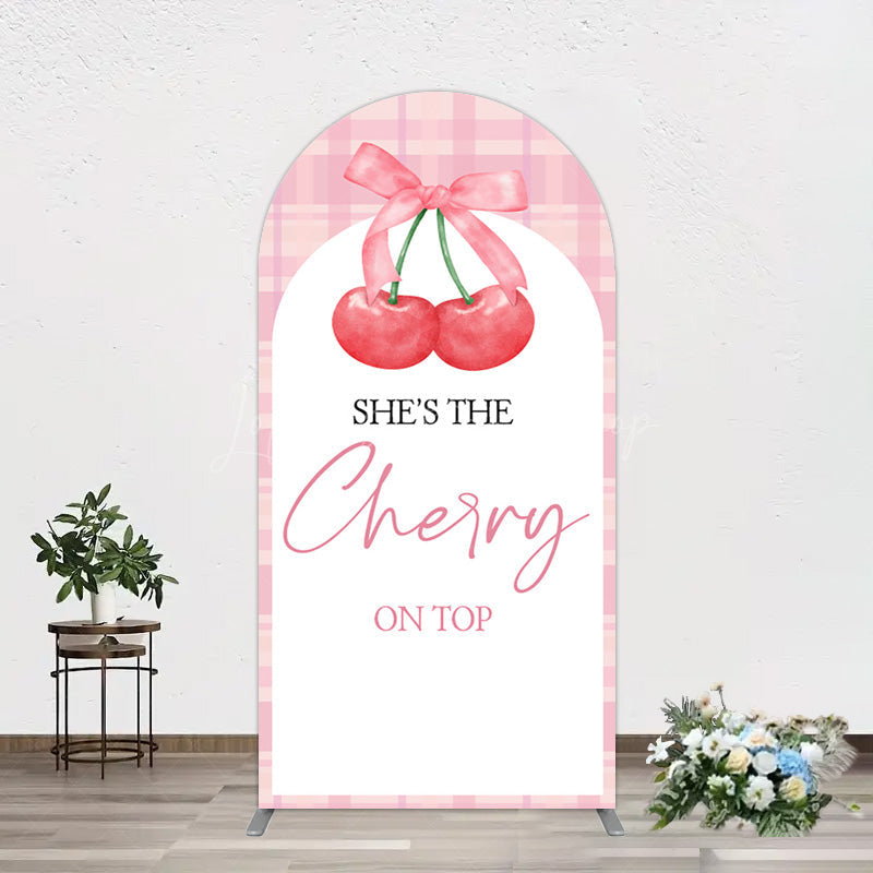 Lofaris Pink Plaid Bow Cherry On Top Bridal Shower Arch Backdrop