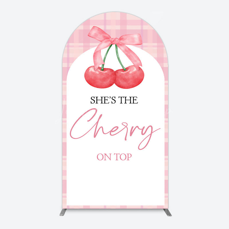 Lofaris Pink Plaid Bow Cherry On Top Bridal Shower Arch Backdrop