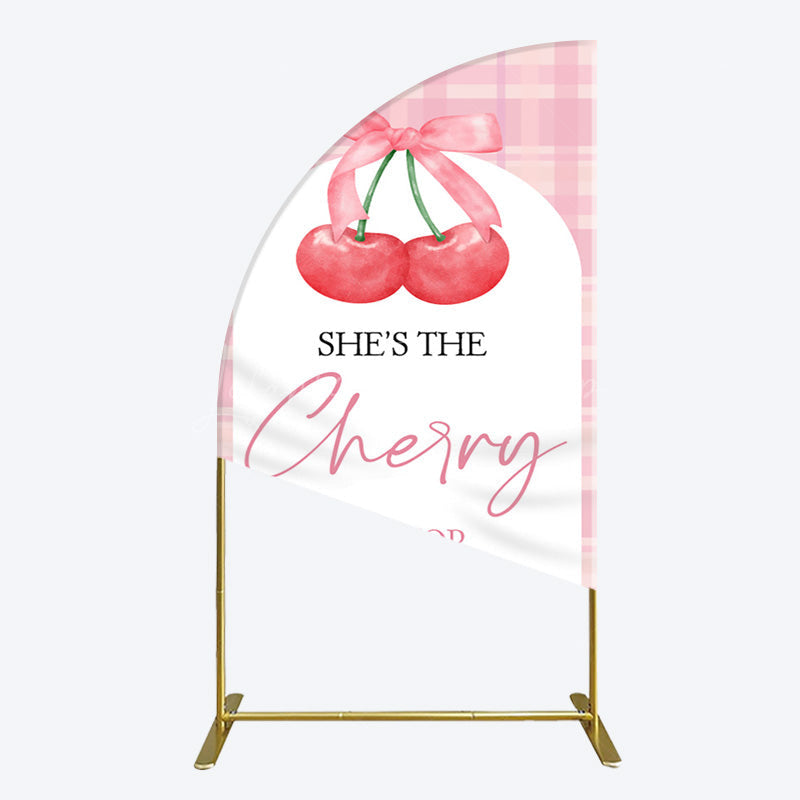 Lofaris Pink Plaid Bow Cherry On Top Bridal Shower Half Moon Arch Backdrop