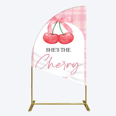 Lofaris Pink Plaid Bow Cherry On Top Bridal Shower Half Moon Arch Backdrop