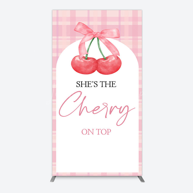 Lofaris Pink Plaid Bow Cherry On Top Bridal Shower Rectangle Backdrop