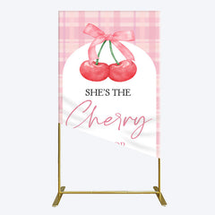 Lofaris Pink Plaid Bow Cherry On Top Bridal Shower Rectangle Backdrop