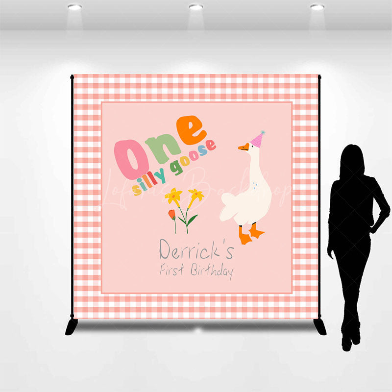 Lofaris Pink Plaid One Silly Goose Custom Birthday Backdrop